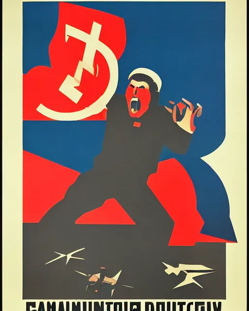 Image similar to soviet propaganda poster of an angry communist developer yelling at his computer