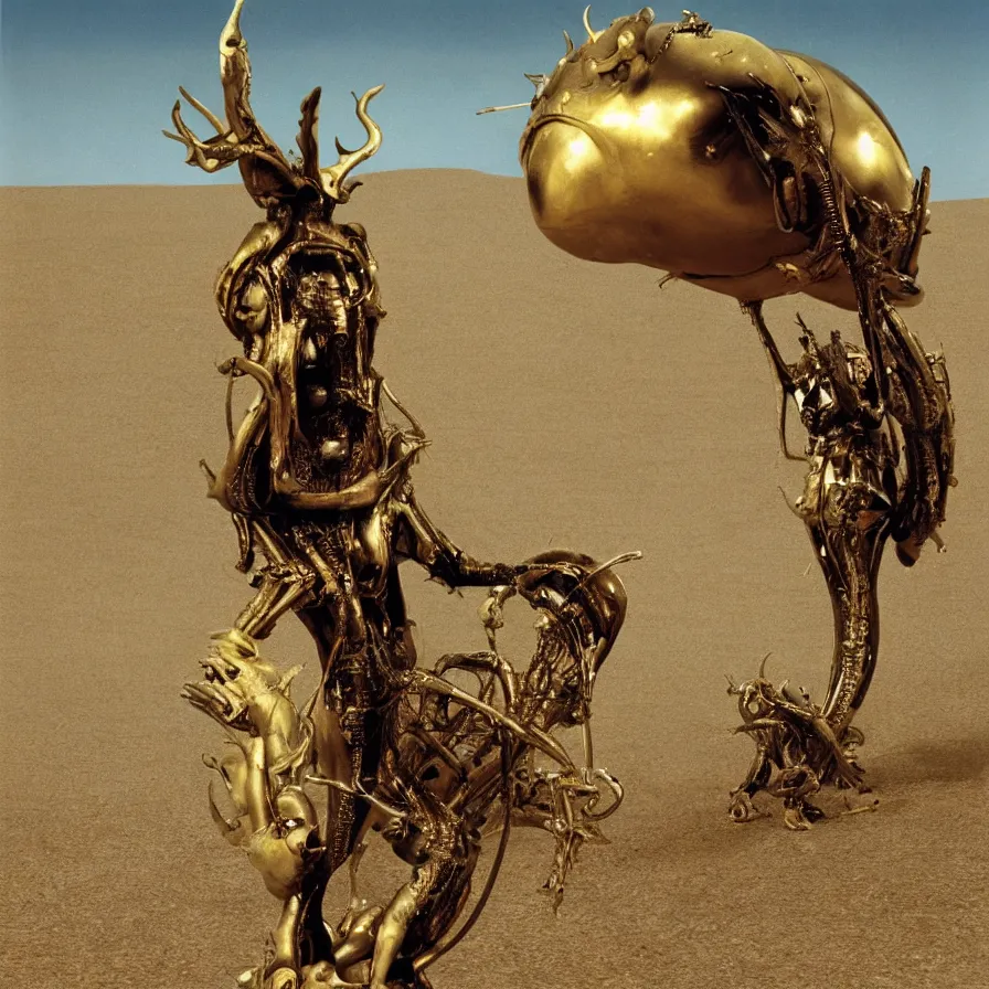 Image similar to salvador dali wearing a golden horned crown and jewels in a dry sand desert landscape, alien spaceship by giger in the landscape, film still from the movie by alejandro jodorowsky with cinematogrophy of christopher doyle and art direction by hans giger, anamorphic lens, kodakchrome, very detailed photo, 8 k