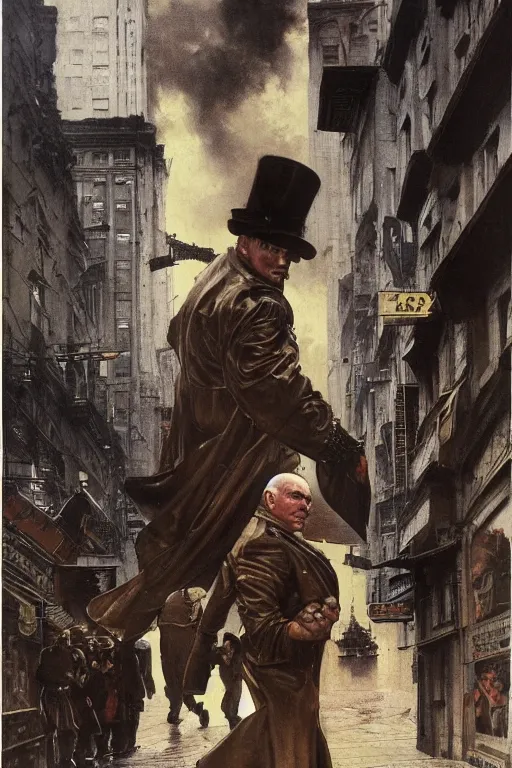 Prompt: full length portrait of mariusz pudzianowski as a huge hulking marvel gangster wearing a leather trench coat walking beside gangsters on street pre war new york, by lawrence alma tadema and zdzislaw beksinski and norman rockwell and jack kirby and tom lovell and greg staples and michael alford