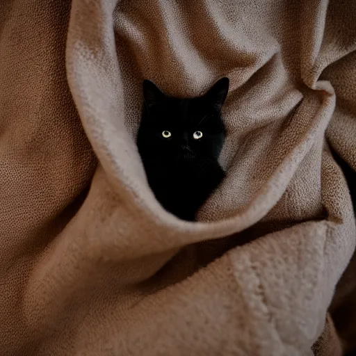 Image similar to a sadcat laying under a blanket, canon eos r 3, f / 1. 4, iso 2 0 0, 1 / 1 6 0 s, 8 k, raw, unedited, symmetrical balance, in - frame