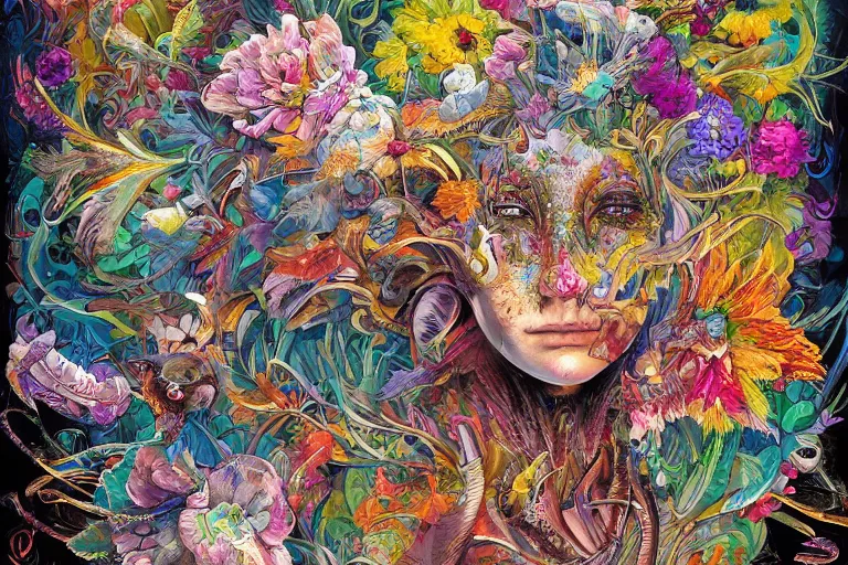 Image similar to a painting of a creature with flowers on its head, poster art by android jones, behance contest winner, generative art, made of flowers, grotesque, concert poster