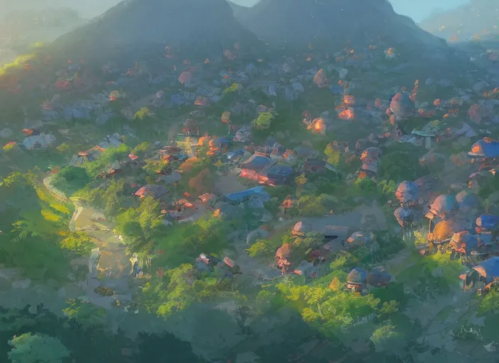 Image similar to concept art painting of a small woodland village in a valley seen from above, european japanese buildings, early morning, cel shaded, detailed, realistic, by makoto shinkai and moebius and anton fadeev and james gurney