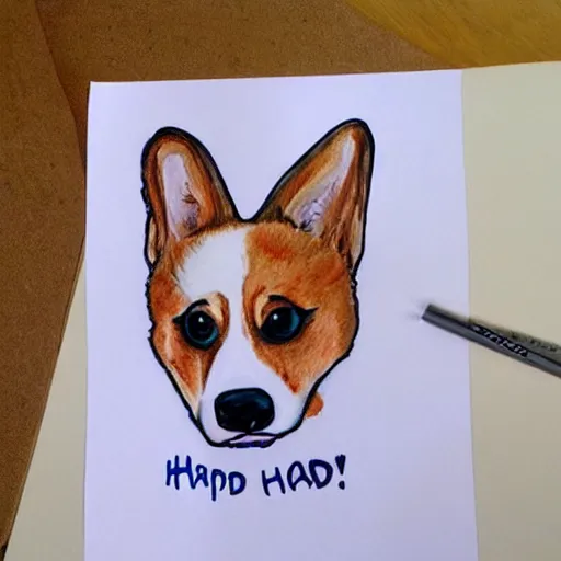 Image similar to a corgi saying happy birthday, hand drawn