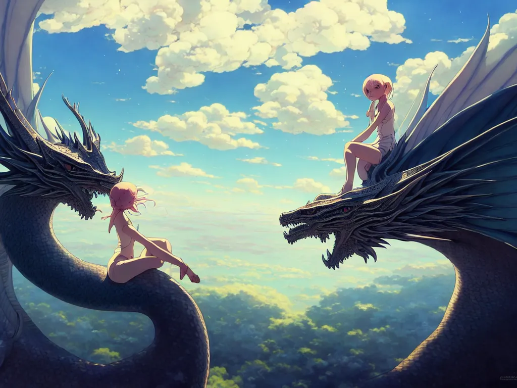 Prompt: a vast scene, panorama distant view, hyper detailed scene render of a beautiful girl sit on a huge silver dragon back, in the white clouds fairyland, finely detailed angelic face, style of makoto shinkai, xision, james jean and peter mohrbacher, studio ghibli, artgerm, karol bak, beeple, 4 k hd, animation style