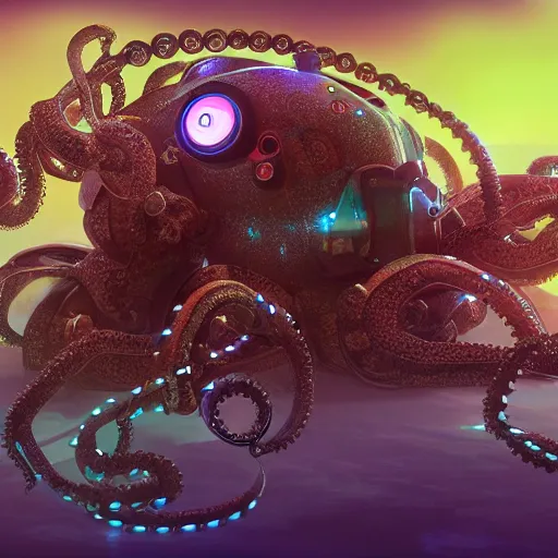 Prompt: cyborg octopus , mechanical, wires, colorful, concept art, artstation, 4k