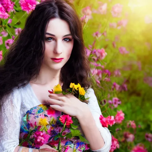 Image similar to beautiful Dressmaker with long dark hair working full of magic, flowers, 4k, colors, portrait