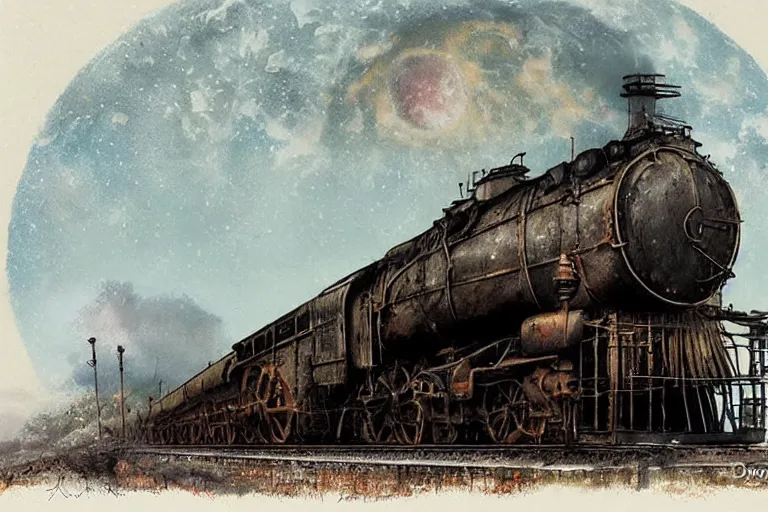 Prompt: an old locomotive, by jean - baptiste monge, eerie moon eclipse cinematic scenery