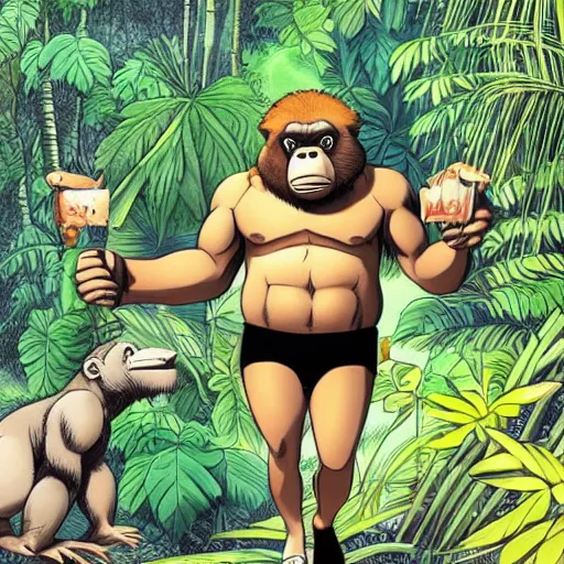 Image similar to Anthropomorphic bipedal gorilla wearing a t-shirt and shorts, in the background is lush jungle, manga