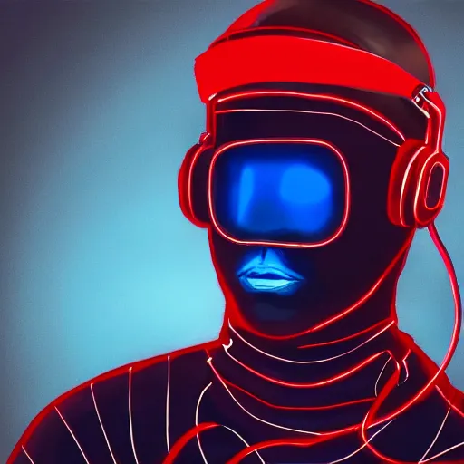 Prompt: a man, in red and blue spotlights, holds on to the headphones on his head, he wears dark visors, cyber songman, cyberpunk style, portrait, official art