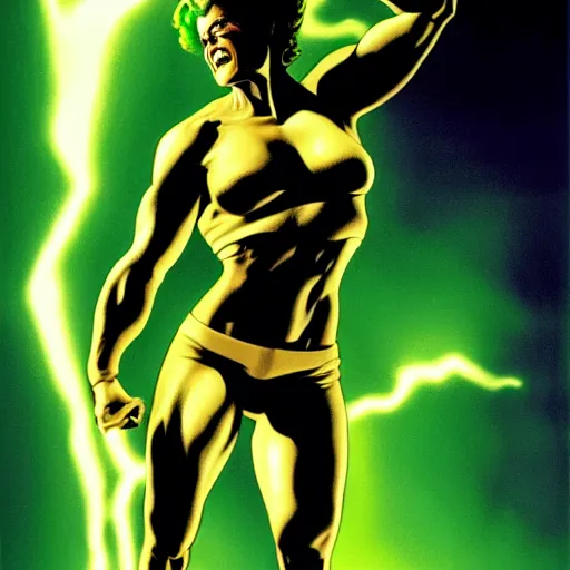 Image similar to full figure, Sigourney weaver as She-Hulk, atmospheric lighting, painted, intricate, golden hour, ultra detailed by Alex Ross