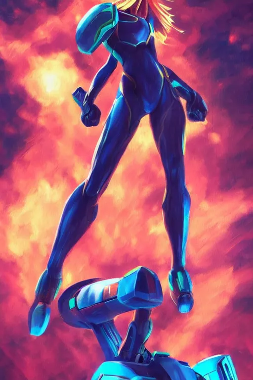 Image similar to samus from metroid painting, thick brush strokes, black outline, dynamic pose, beautiful, artstation