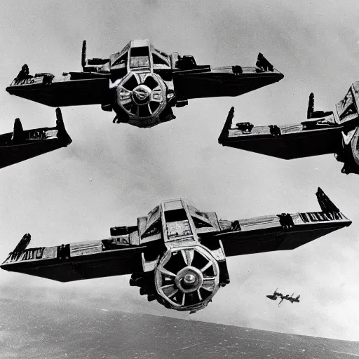 Prompt: an old ww2 photograph of star wars TIE fighters, AT-AT, WW2 planes fighting