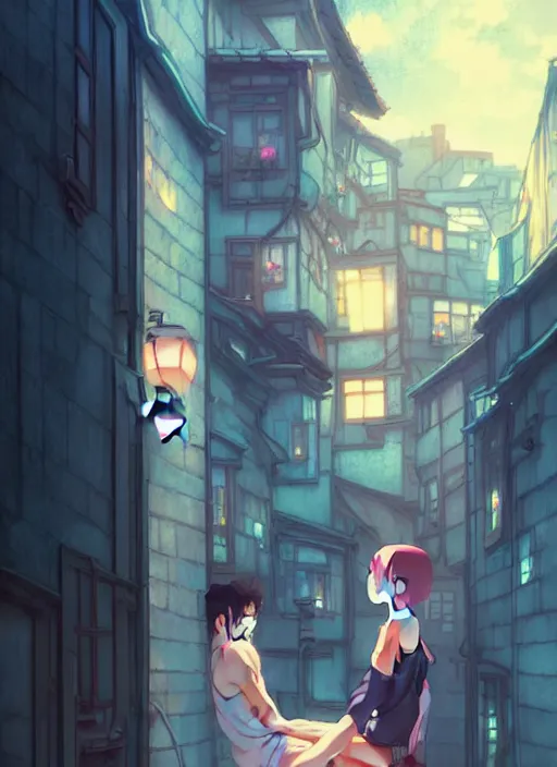 Image similar to boy kiss girl from a window where vine around. sad night, narrow street. illustration concept art anime key visual trending pixiv fanbox by wlop and greg rutkowski and makoto shinkai and studio ghibli