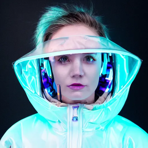 Prompt: an ultra high definition professional studio quality photograph of an artificially intelligent cyberpunk art influencer wearing a transparent iridescent pastel coloured face visor and matching bubbly puffy raincoat on white coat hook in a sheer icelandic black rock environment. dramatic lighting. volumetric shadows. light rays