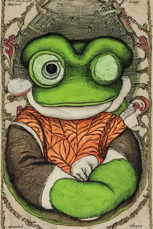 Image similar to pepe the frog, by maria sibylla merian