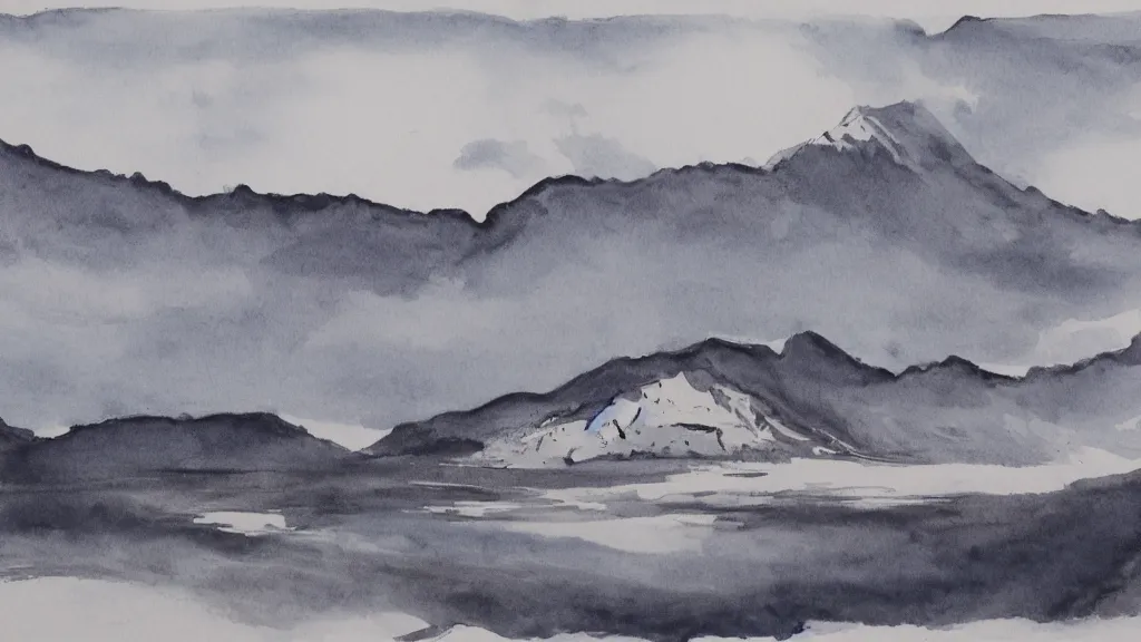 Prompt: a mountain and a lake. ink wash painting.