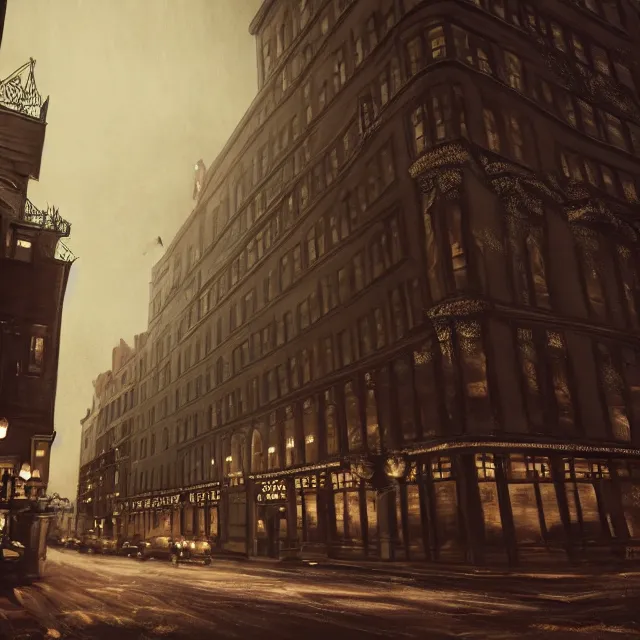 Image similar to action scene painting of a 1 9 2 0 s gothic style hotel in downtown boston, overlooking a dark street, architectural, atmospheric lighting, brooding, painted, intricate, ultra detailed, well composed, best on artstation, cgsociety, epic, stunning, gorgeous, intricate detail, much wow, masterpiece, cinematic aesthetic octane render, 8 k hd resolution,