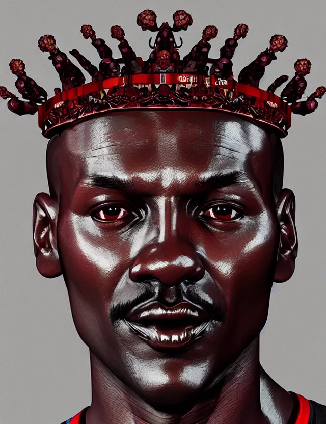 Image similar to symmetrical, centered, zbrush sculpt of michael jordan close - up portrait with crown made of skulls. phoenix betta fish, phoenix, bioluminiscent creature, super intricate ornaments artwork by tooth wu and wlop and alena aenami and greg rutkowski