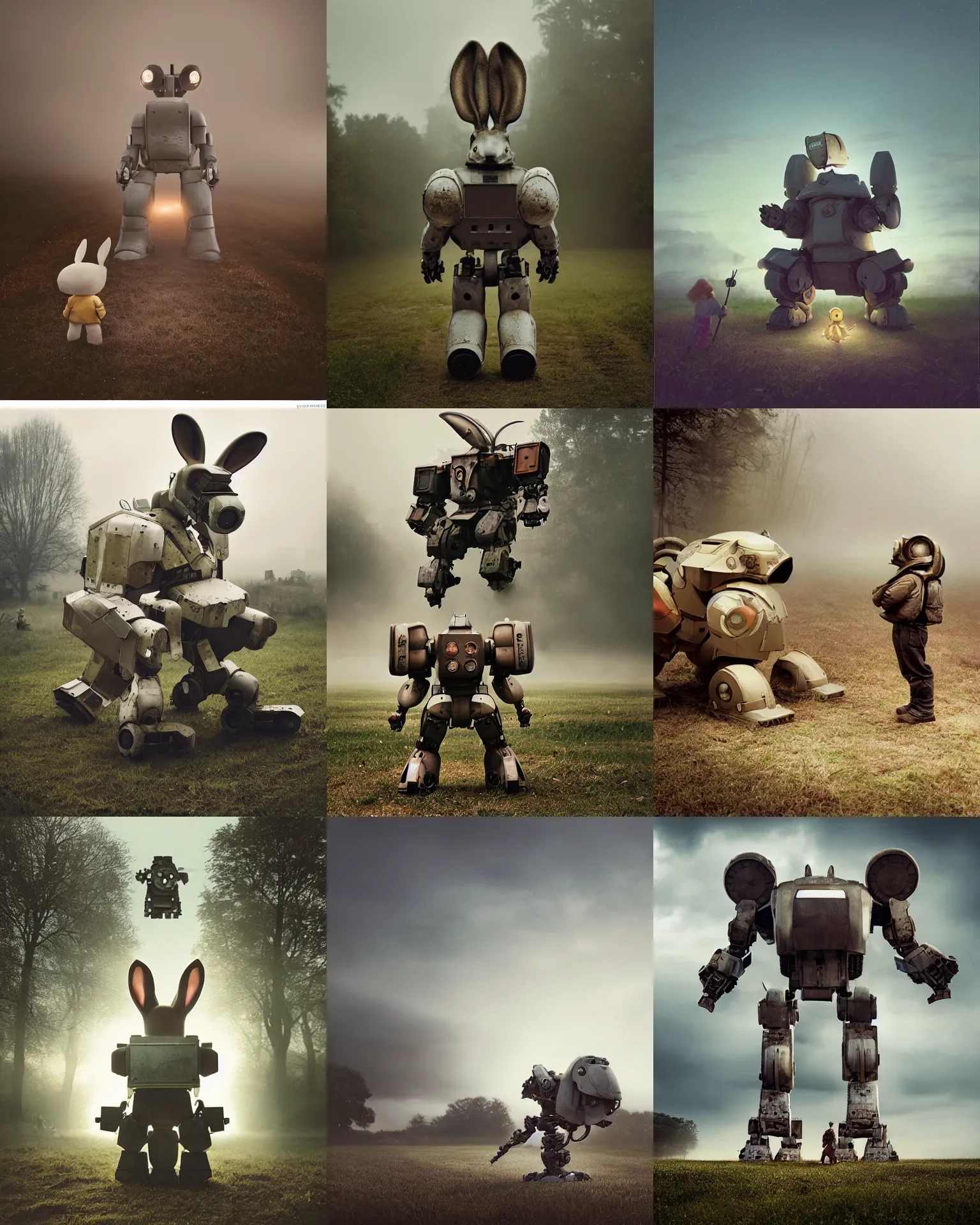 Prompt: epic battle pose !!!giant oversized battle rabbit robot chubby mech baby with big ears , on a village, full body , Cinematic focus, Polaroid photo, vintage , neutral dull colors, soft lights, foggy , documentary photograph by gregory crewdson ,by lagerstedt, by graafland