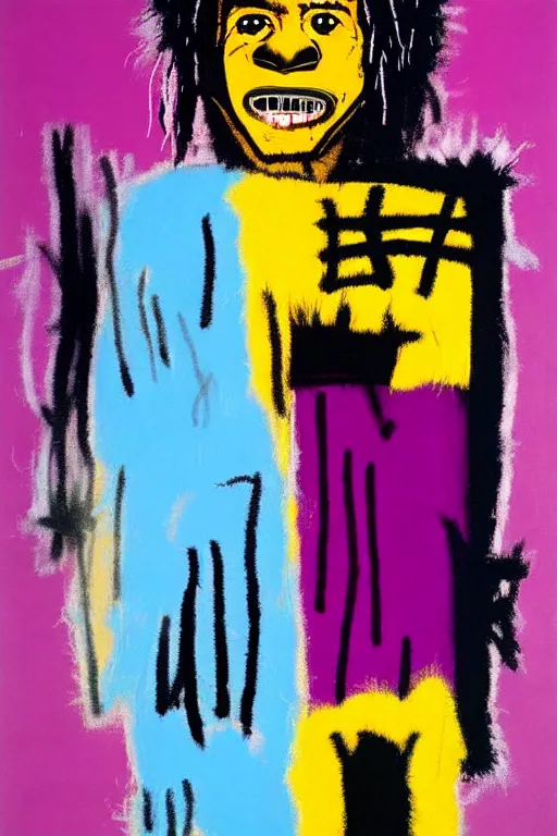 Prompt: a checkered fluffy robe over a purple clothed king, brown skin, painting by jean michel basquiat, andy warhol,