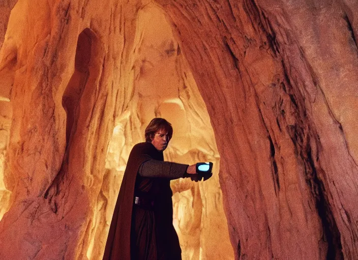 Image similar to detailed photo of Luke skywalker uncovering the secrets of the ancient jedi texts. a glowing book with infinite knowledge, the oracle speaks, a dark pink hazy ethereal cave from Indiana jones, adventure film, screenshot from the 1983 film, Photographed with Leica Summilux-M 24 mm lens, ISO 100, f/8, Portra 400