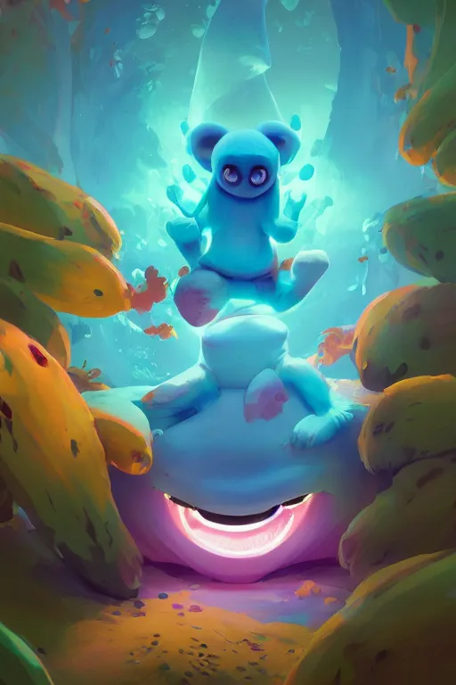 Image similar to smurf ghost creature animal sushi cristal very big eye roots cactus elemental flush of force nature micro world fluo fishscale, behance hd by jesper ejsing, by rhads, makoto shinkai and lois van baarle, ilya kuvshinov, rossdraws radiating a glowing aura global illumination ray tracing hdr