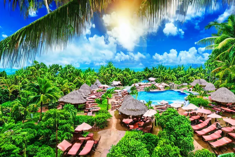 Image similar to an advertisement photo of a tropical resort, 8k hdr, very detailed, cinematic