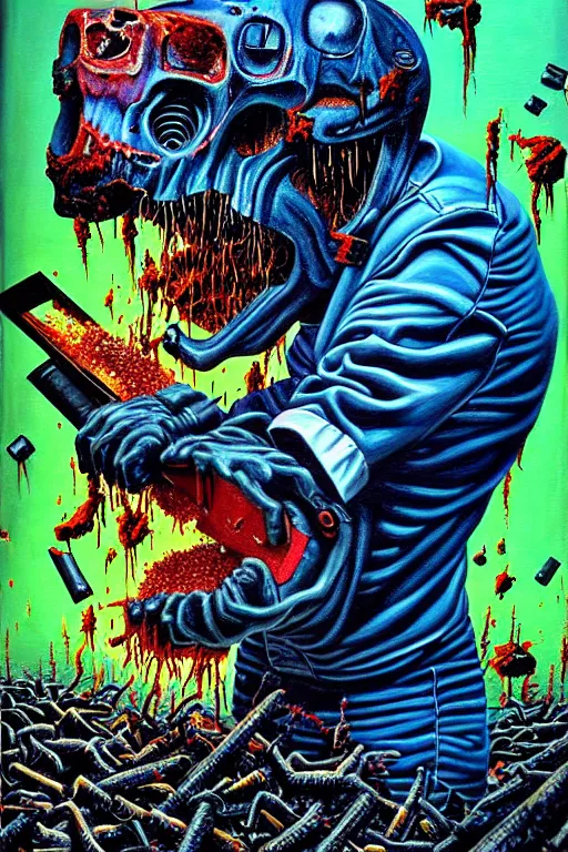 Prompt: a hyperrealistic painting of a death machine spewing chunks out of a wood chipper, cinematic horror by chris cunningham, lisa frank, richard corben, highly detailed, vivid color,