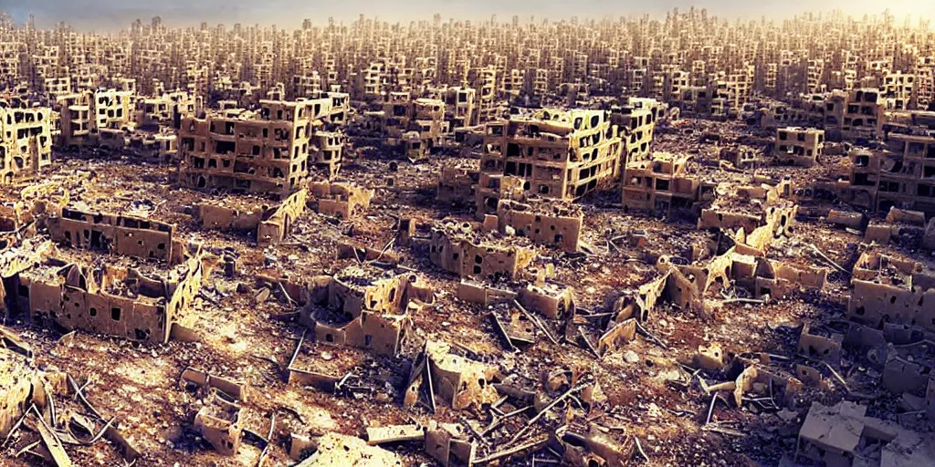 Image similar to “epic view of Hummus in Syria in destruction, ruins, hyperdetailed, trending on artstation, photorealistic, 8k, concept art, cinematographic, uhd, epic lighting”