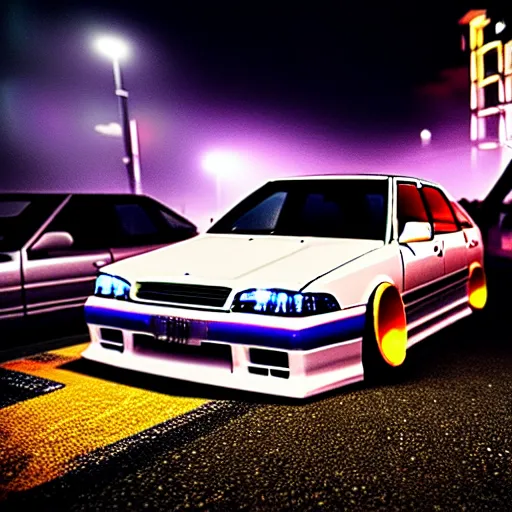 Image similar to a car JZX90 turbo drift at illegal car meet, Chiba prefecture, city midnight mist lights, cinematic color, photorealistic, highly detailed, work wheels, 50MM