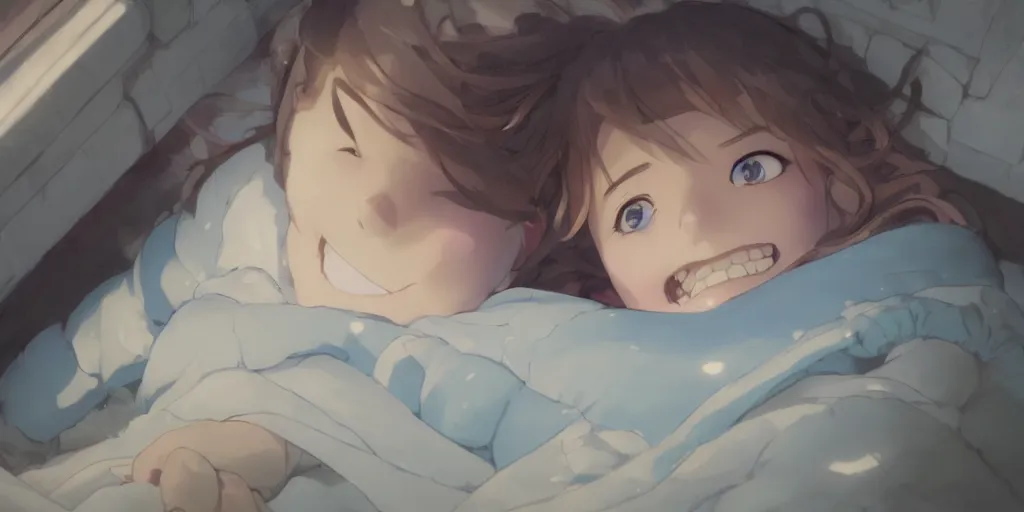 Image similar to a brunnete girl with blue eyes and puffy cheeks lying happy in her bed, close up shot from the top, anime art, Greg Rutkowski, studio ghibli, dramatic lighting