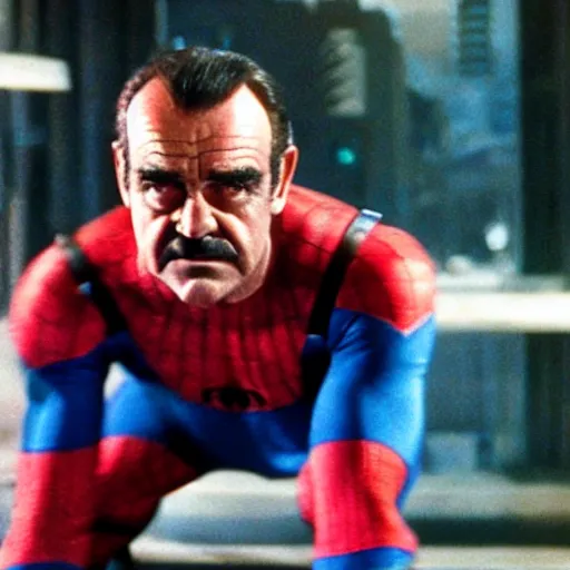 Image similar to sean connery as spiderman, movie still