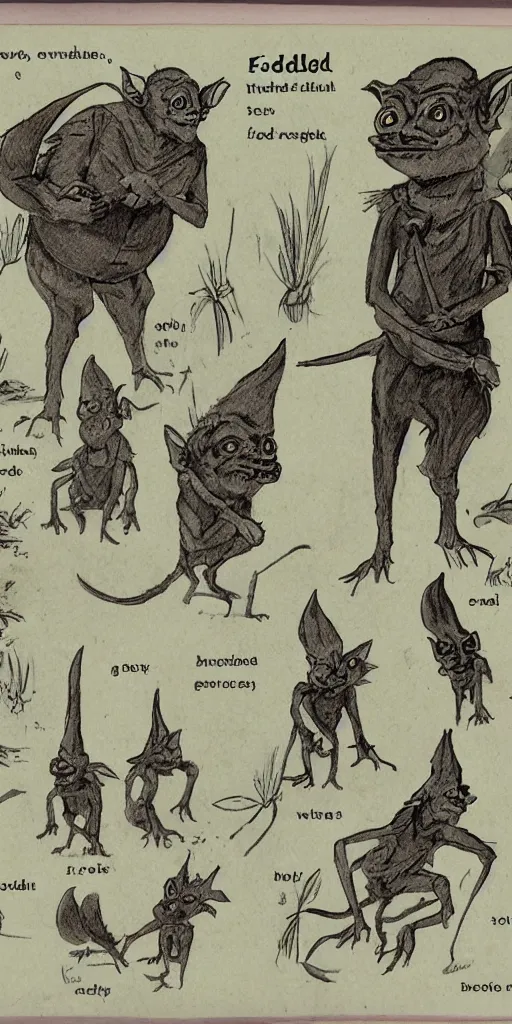 Image similar to field guide page with an illustration of a goblin