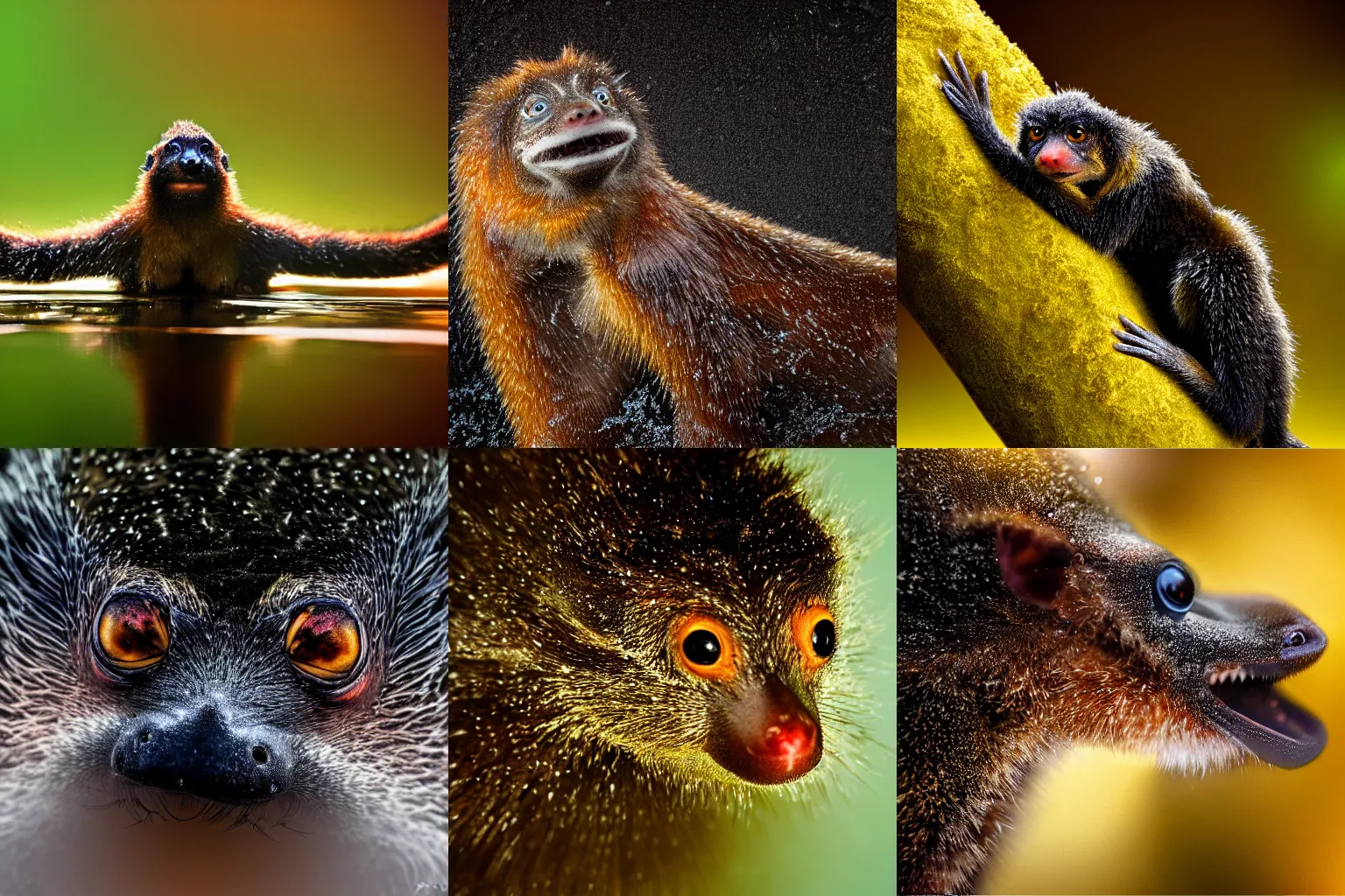 Prompt: close-up photography of a water-breathing lemur, dramatic lighting, detailed, abstract art background, masterpiece