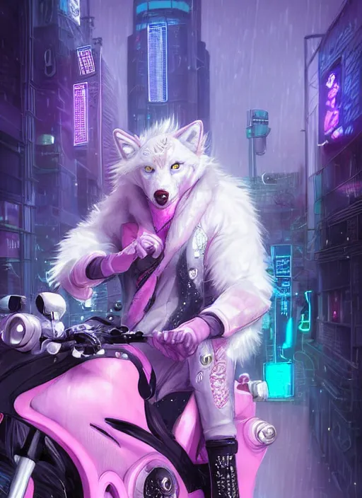 Image similar to award winning beautiful portrait commission of a male furry anthro albino wolf fursona with a tail and a cute beautiful attractive detailed furry face wearing stylish black, pink and blue cyberpunk biker clothes in a cyberpunk city at night while it rains. Character design by charlie bowater, ross tran, artgerm, and makoto shinkai, detailed, inked, western comic book art