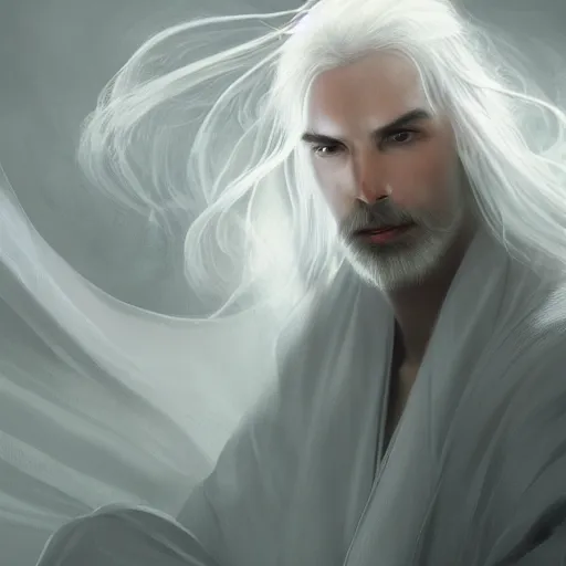 Prompt: white haired robe fu xi full male body portrait, sit upright on the ground, very long white beard and hair, long hair shawl, fine kindness delicate prefect face features gaze, piercing eye, elegant, style of tom bagshaw, cedric peyravernay, peter mohrbacher, victo nga, 4 k hd illustrative wallpaper, animation style, chinese style