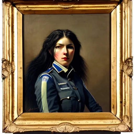 Image similar to a head - and - shoulders portrait of a female wolf wolfwoman wearing a police uniform looking off camera, an american romanticism painting, a portrait painting, cgsociety, soft focus, oil on canvas