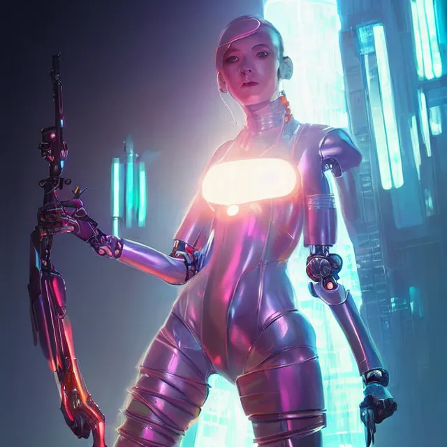 Prompt: portrait of a cyberpunk female robot, carrying glowing thin sharp neon sword and wearing shiny armor, subsurface scattering, artistic, art by artgerm, greg rutkowski and alphonse mucha, artstation, octane render,