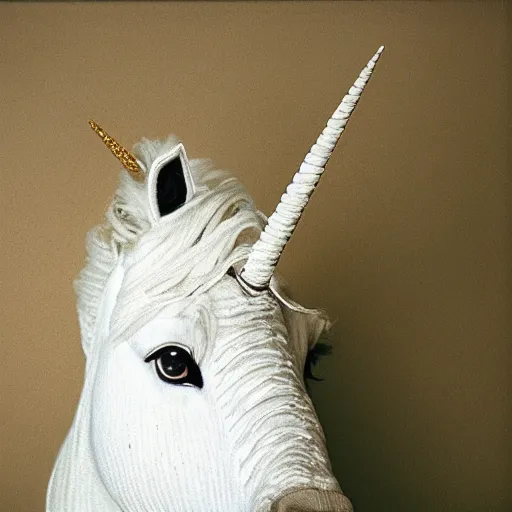 Prompt: a white unicorn head completely made from yarn, string, fabric, huge white mane, color photo, photorealistic, very detailed, taken on a large format camera, 35mm, portrait by annie leibovitz