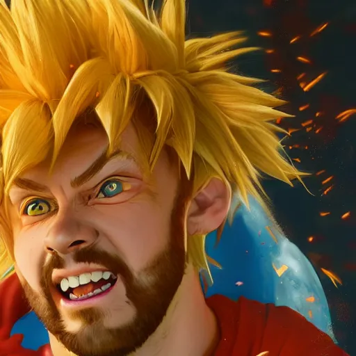 Prompt: shaggy from scooby doo going super sayain, au naturel, hyper detailed, digital art, trending in artstation, cinematic lighting, studio quality, smooth render, unreal engine 5 rendered, octane rendered, art style by klimt and nixeu and ian sprigger and wlop and krenz cushart