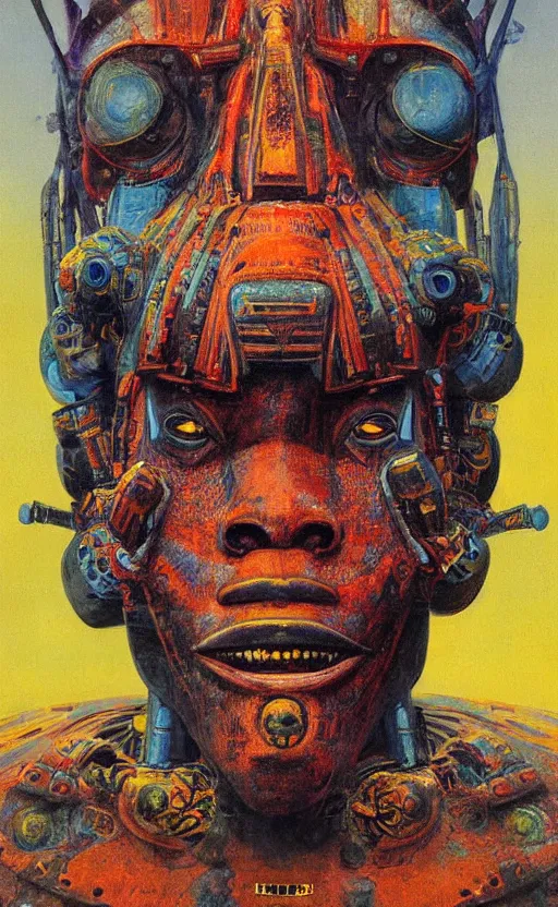 Image similar to portrait of mecha african tribal chief, symmetrical, dramatic lighting, colourful, art by zdzislaw beksinski,