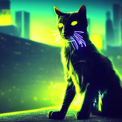 Image similar to cyberpunk cat, neon glow, city in the background, high quality, high detailed