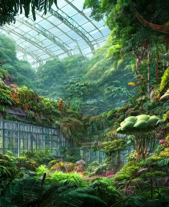 Prompt: an enormous conservatory greenhouse, overgrown with exotic fungus, overgrown with huge ferns, cliffside, noon, sun drenched, partly cloudy, by dan mumford, yusuke murata, makoto shinkai, ross tran, cinematic, unreal engine, cel shaded, featured on artstation, pixiv