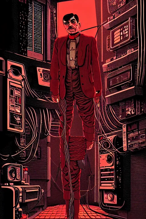 Prompt: Cyberpunk Mr. Bean | Cyborg in Red surrounded by cables | 19th century wood-engraving , whole page illustration , art in the style of greg rutkowski and thomas kinkade and Larry Elmore