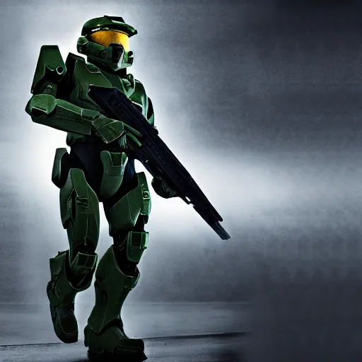 Image similar to professional photo of the master chief from halo in the style of the movie lone survivor nikon d 8 0 6 0 mm lens, cinematic lighting and shadows