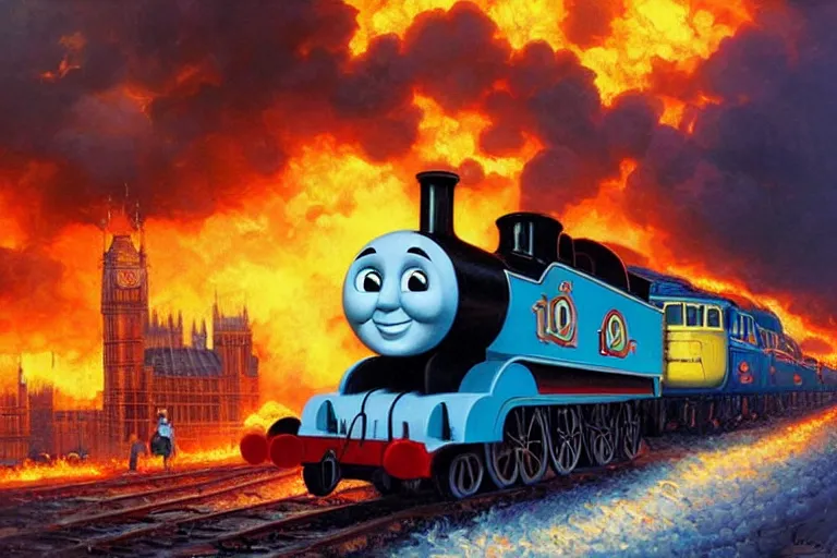 Prompt: portrait thomas the tank engine on fire rolling through london, an oil painting by ross tran and thomas kincade