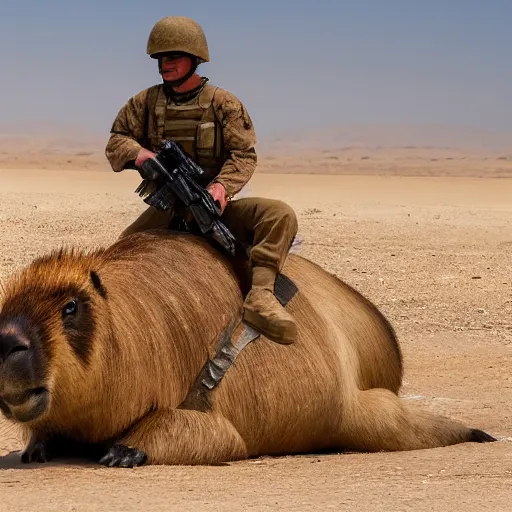 Image similar to cinematic shot of a u. s marine riding on the back of a giant capybara in afghanistan, 8 k, very detailed, very intricate,