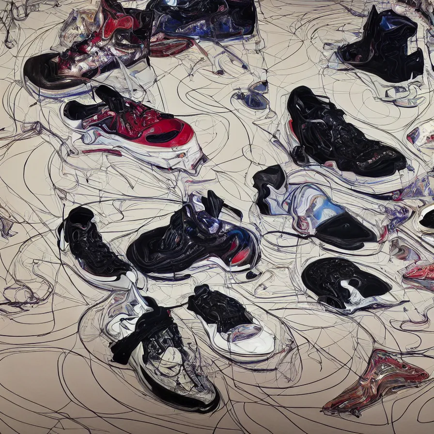 Prompt: futuristic balenciaga sneakers, nft art, highly detailed, hyper realistic, art by todd mcfarlane, by ( ( ( lucian freud ) ) ) and gregory crewdson and francis bacon