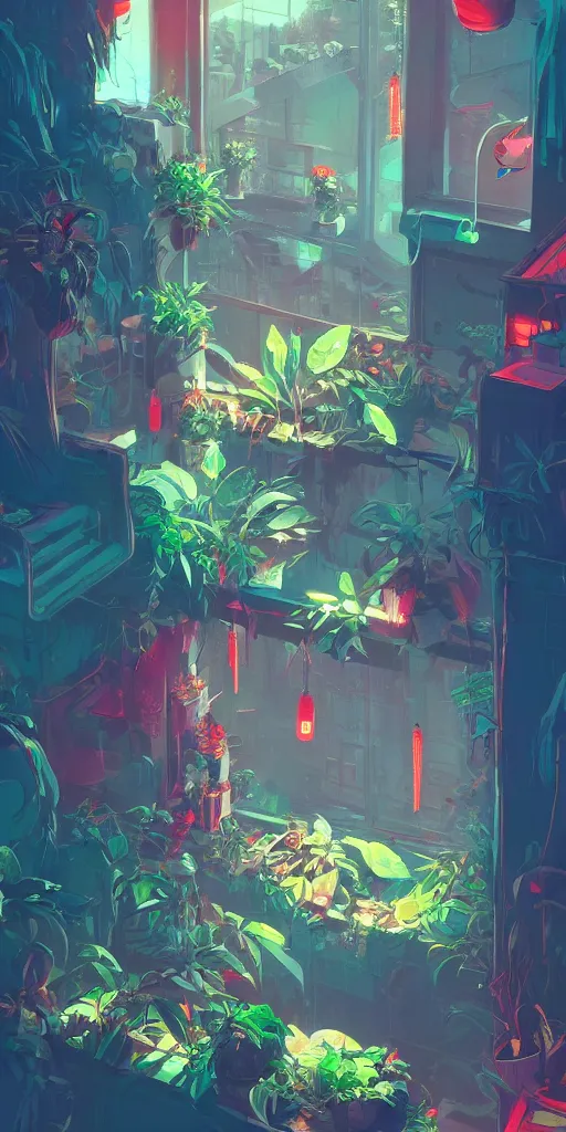 Image similar to interior of a room with a lush windowsill with plants on it, neon signs outside, detailed digital concept art by anton fadeev, John Howe, and marc simonetti, trending on artstation