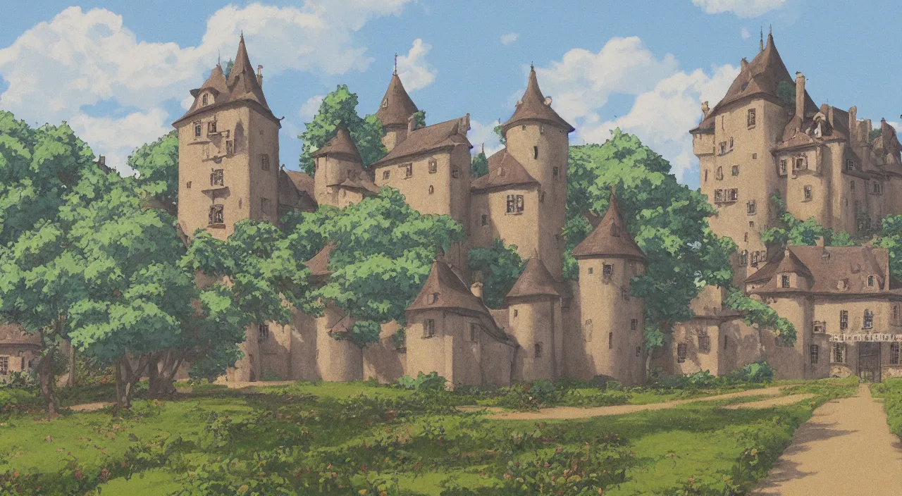 Image similar to a landscape painting of a French castle, with a square and garden, in the style of anime, by Studio Ghibli, trending on artstation